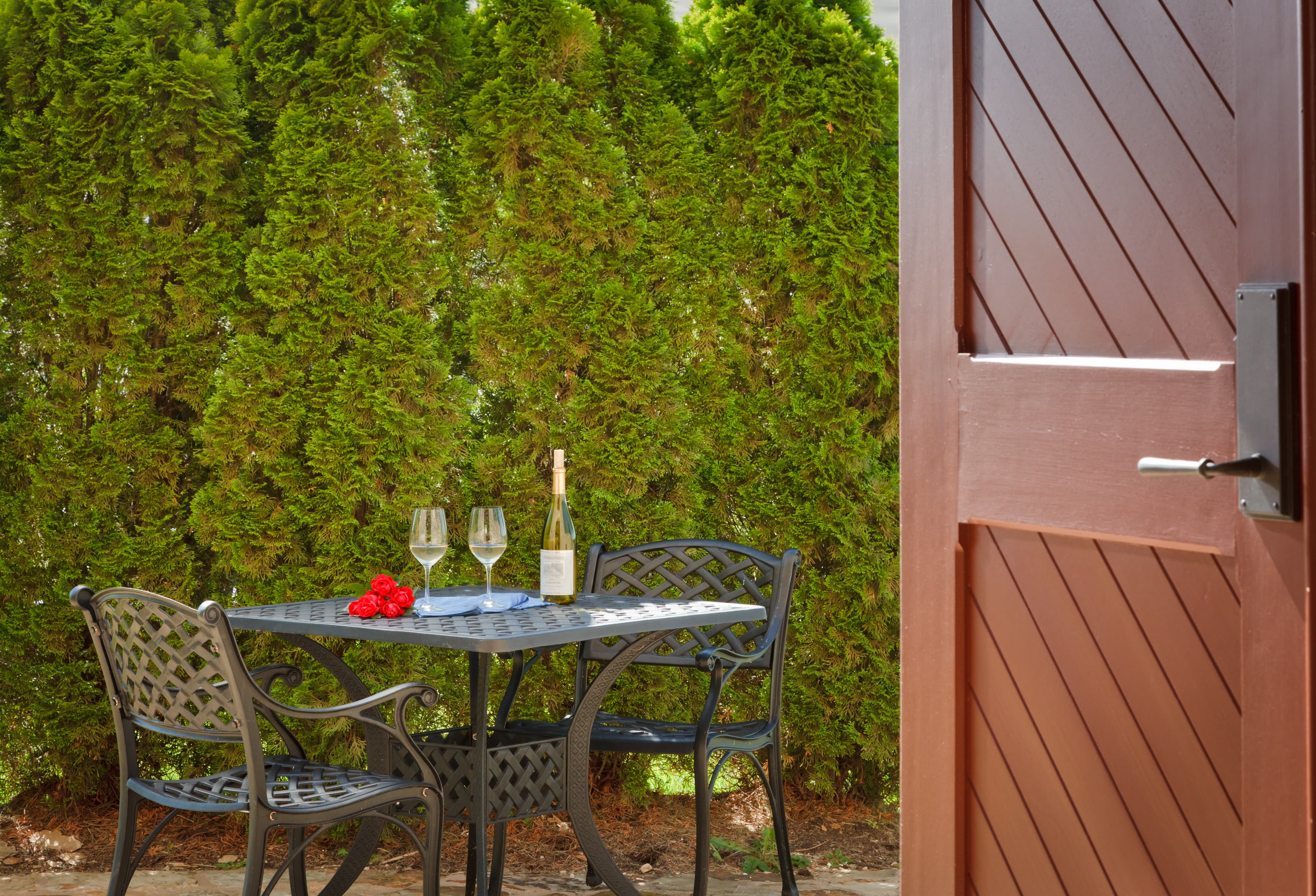 A small outdoor table set for two with wine glasses and a bottle, framed by a wooden door and tall greenery.