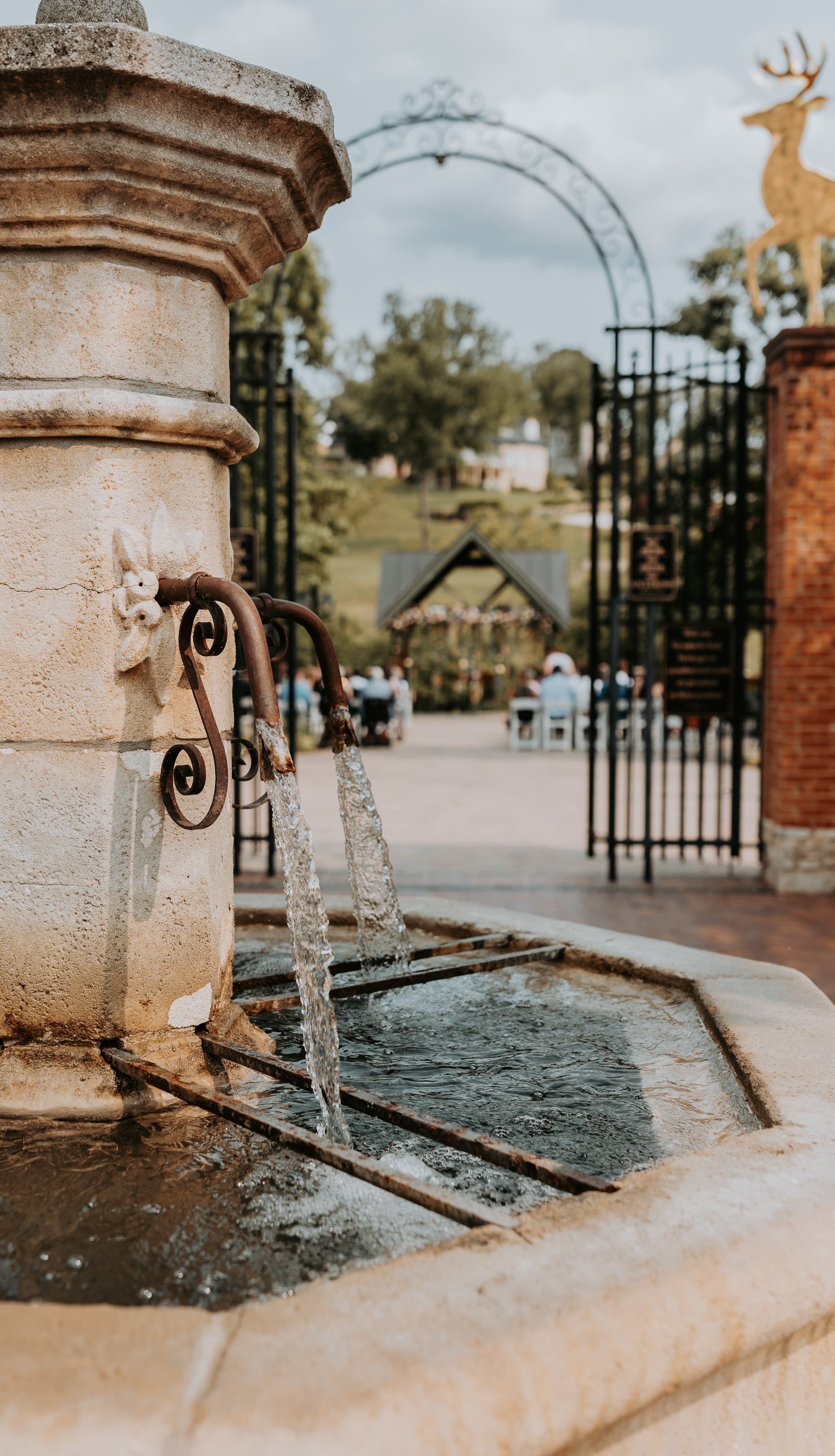 A stone fountain with two spouts flowing water, set against a backdrop of an iron gate and greenery.