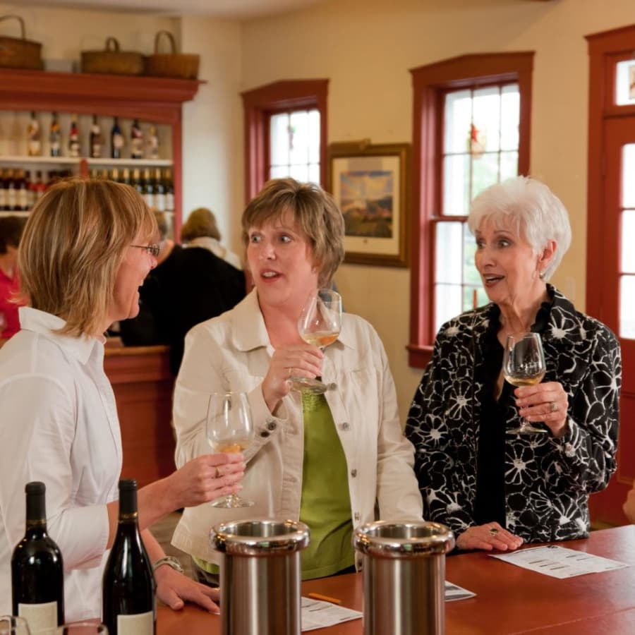 Three women enjoy wine tasting and share a conversation in a cozy tasting room.